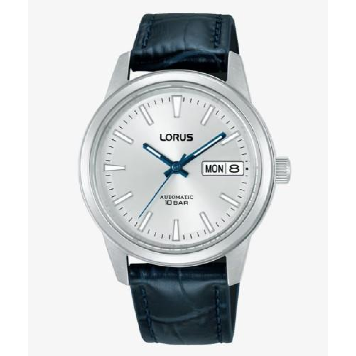 Lorus Automatic Day-Date Watch – Silver Sunray Dial, Blue Leather Strap