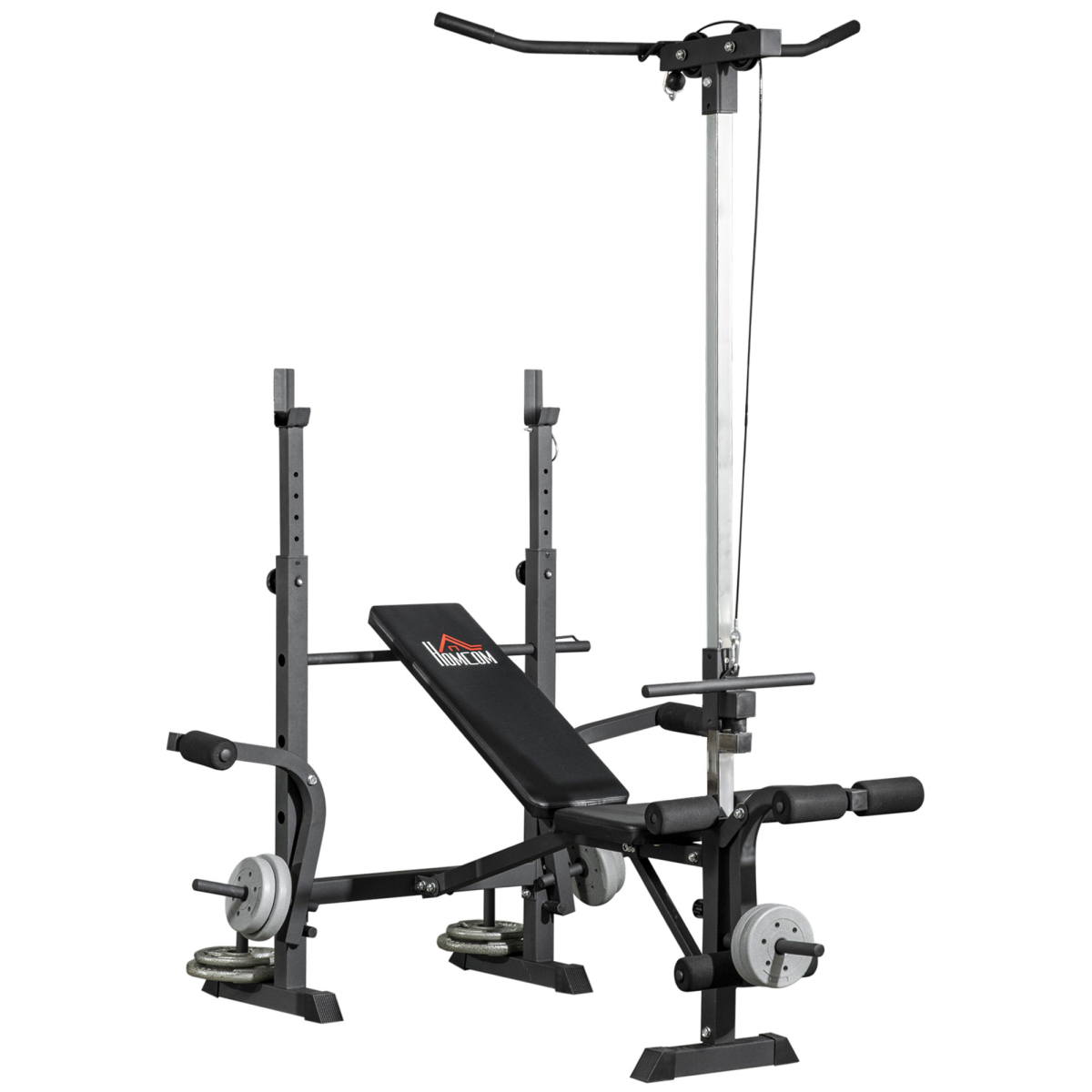 HOMCOM Adjustable Weight Bench with Barbell Rack & Lat Pulldown – Multifunction Full Body Home Gym Bench