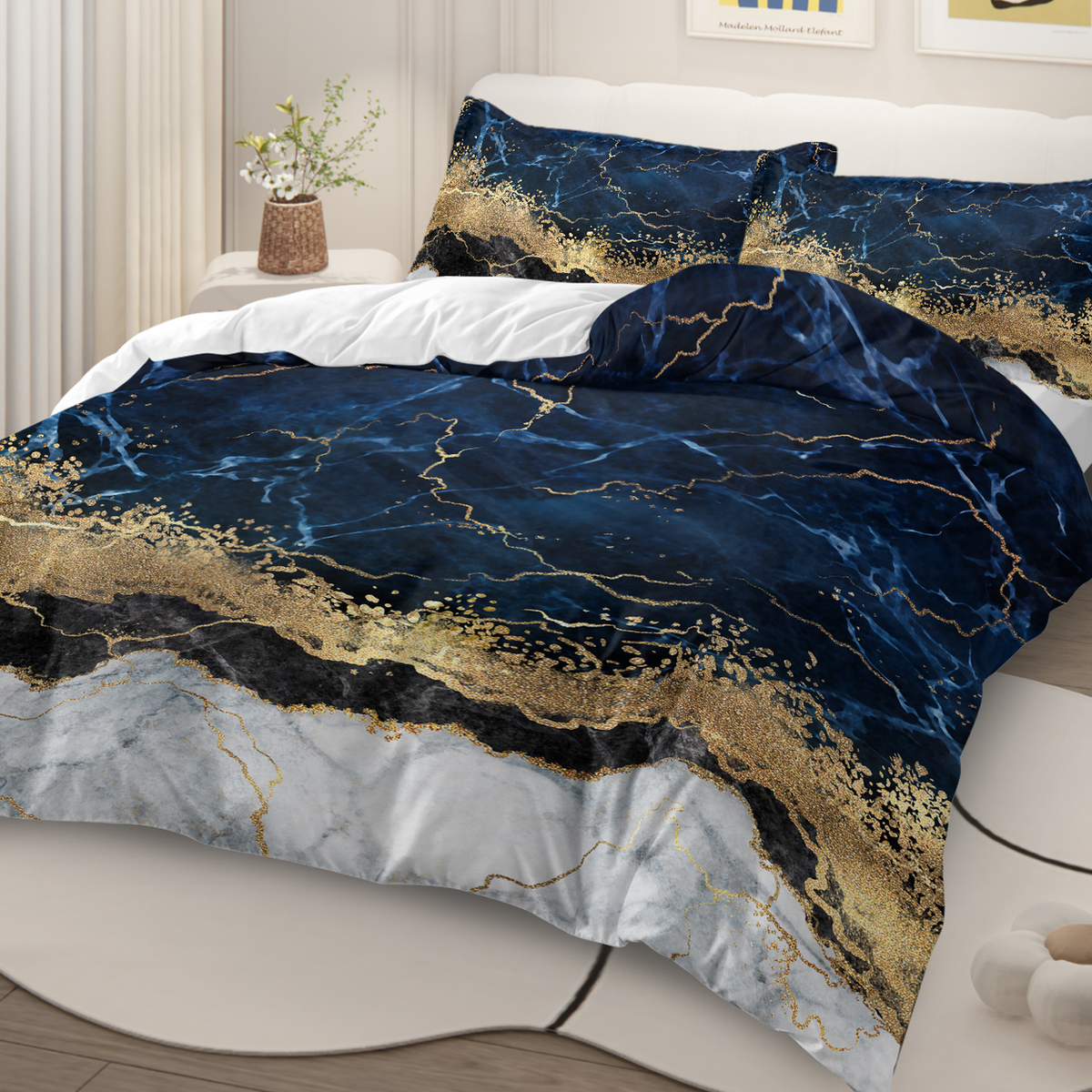 Marble Print Duvet Cover Set with 2 Pillowcases – White Marble and Gilded Navy Blue Design, Double