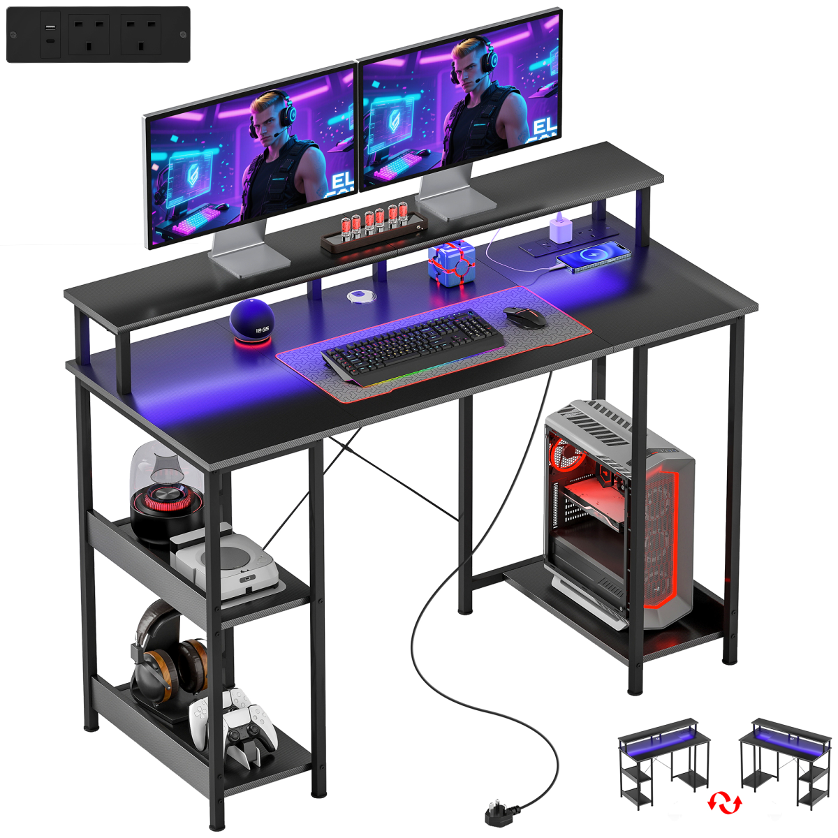 HOMCOM Reversible Computer Desk with Charging Station, RGB LED Light & Monitor Shelf – Home Office Desk, Grey