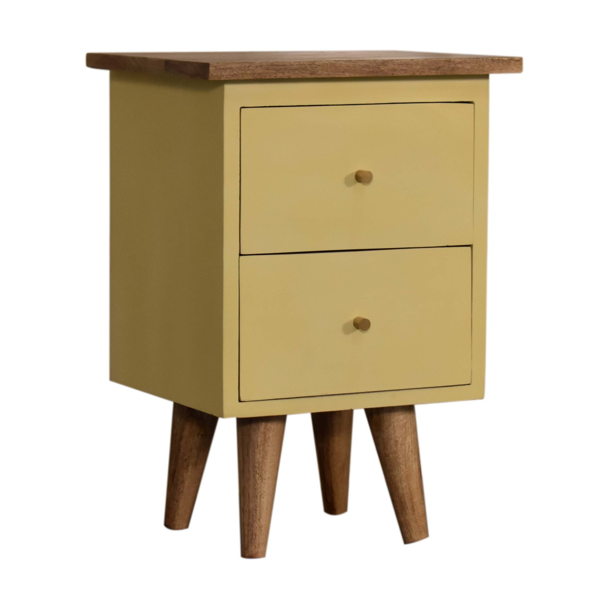 Artisan Furniture Solid Wood Hand Painted Bedside Table with 2 Drawers – Yellow Body, Nordic Legs