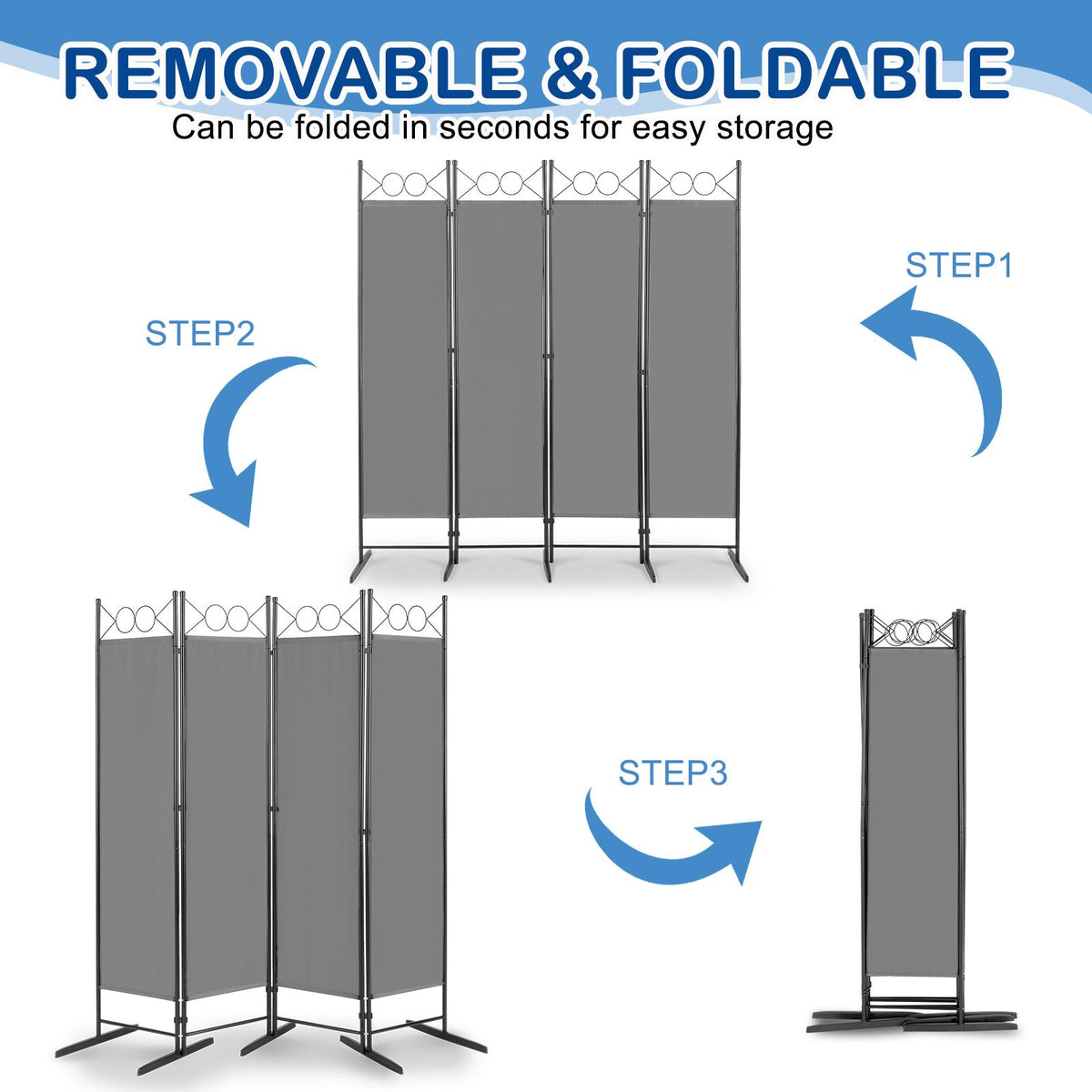 5.7ft 4-Panel Folding Room Divider with Shaped Top – Polyester Fabric Privacy Screen, Steel Frame, Grey