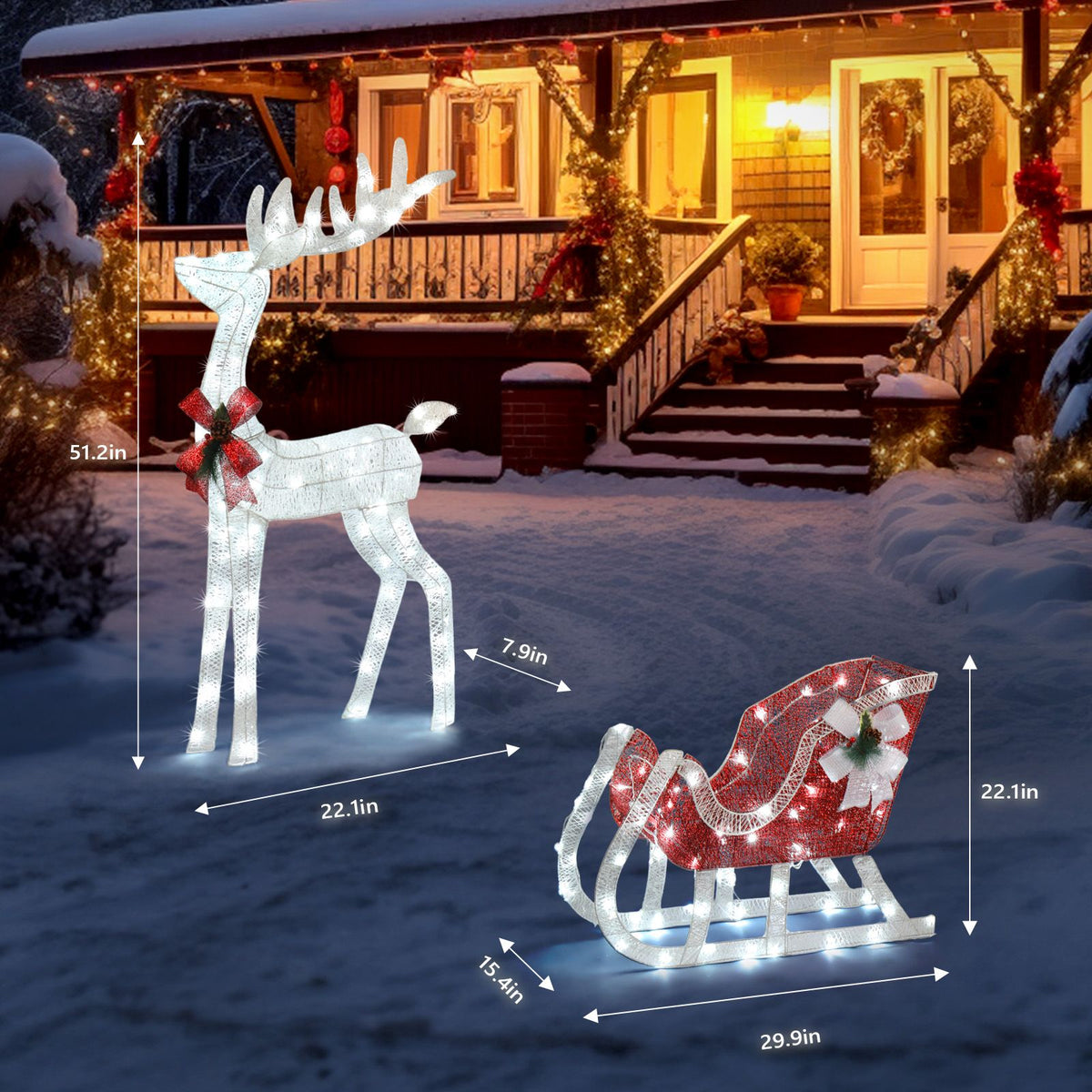 4ft Lighted Reindeer & Sleigh – Red & White