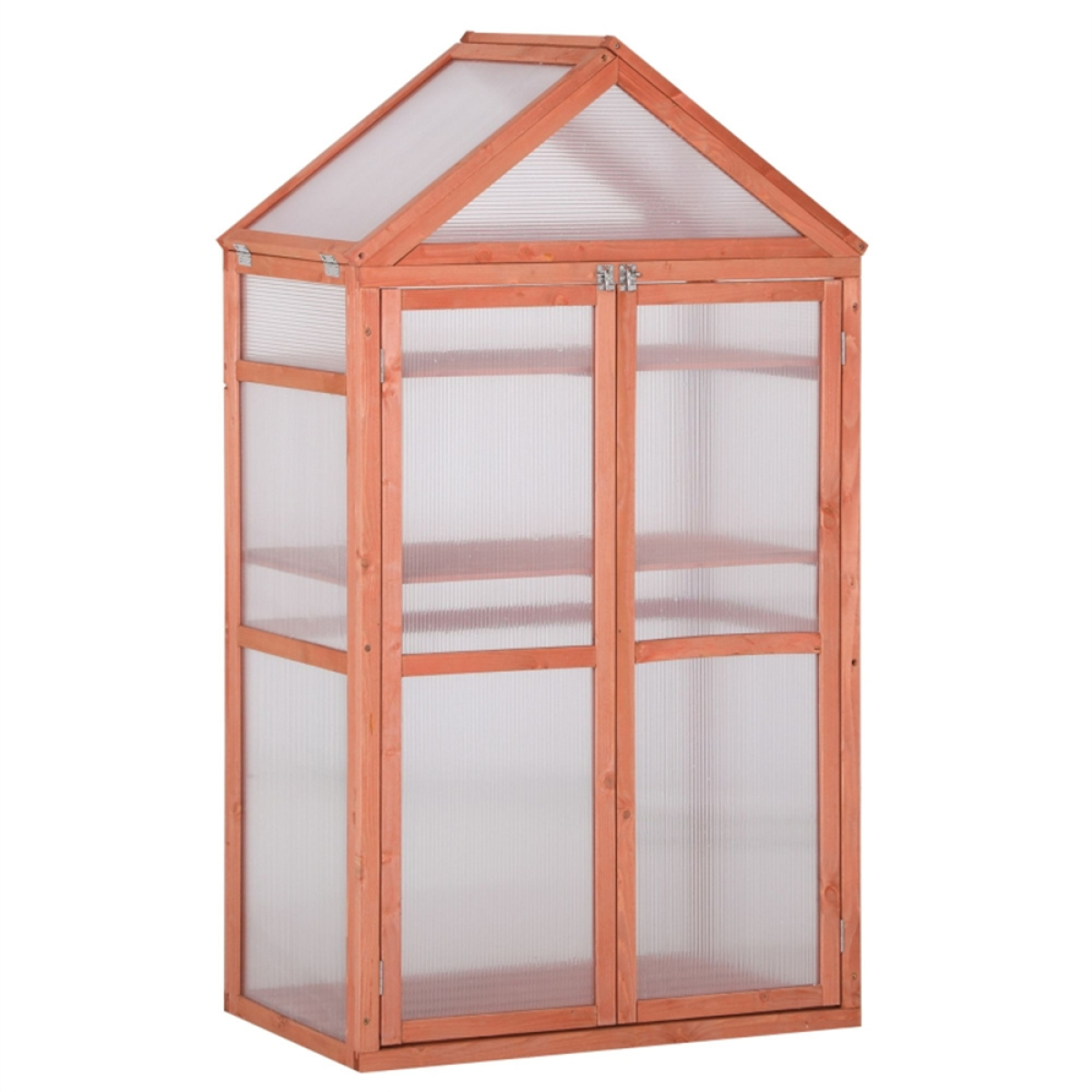 Wooden Mini Greenhouse with 3-Tier Adjustable Shelves & Double Doors – Polycarbonate Garden Plant House, Orange