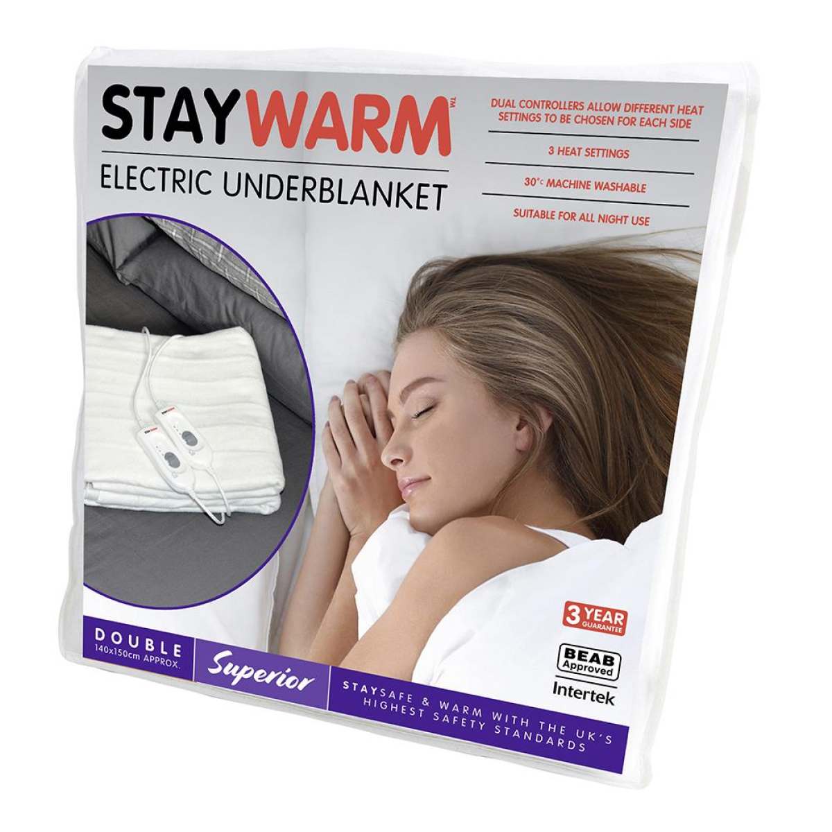 Staywarm Superior Double Electric Under Blanket with 3 Heat Settings & Overheat Protection – White