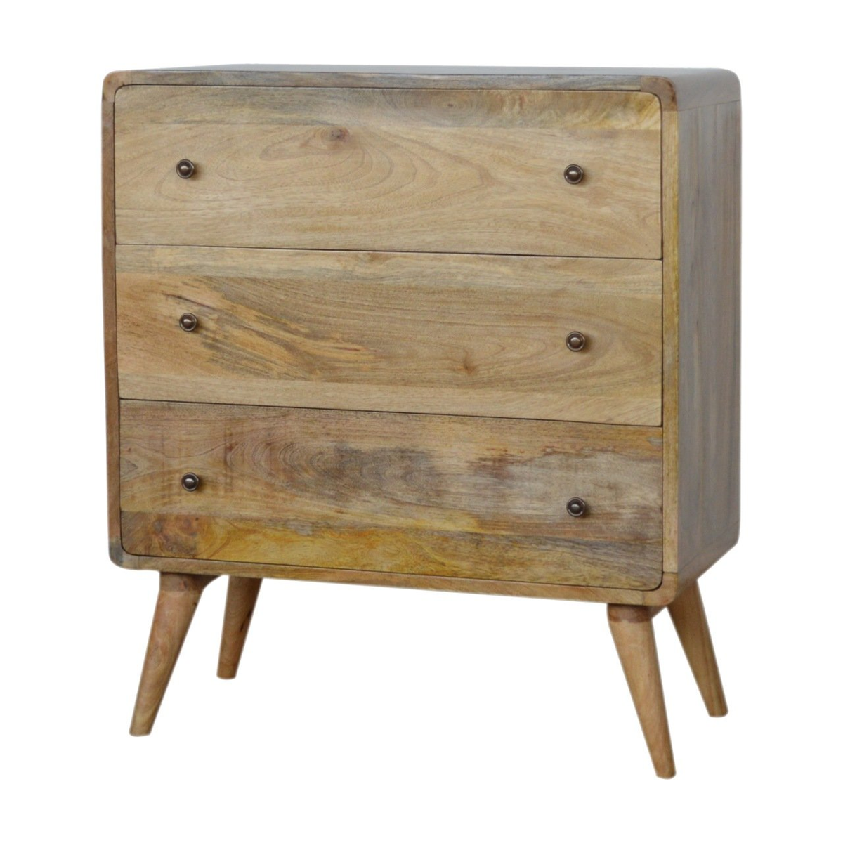 Artisan Furniture Solid Mango Wood Curved Chest of 3 Drawers with Nordic Legs – Oak-ish Finish, Light Brown