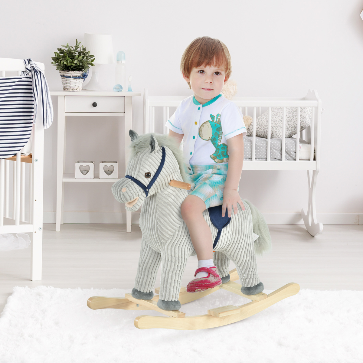 Kids Wooden Rocking Horse with Corduroy Finish, Footrest & Neighing Sounds – Traditional Ride-On, Grey