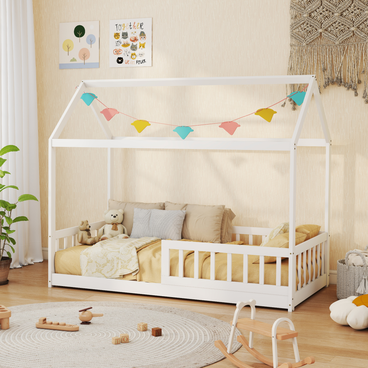 HOMCOM House-Shaped Kids Single Bed Frame with Safety Fence – Solid Pine, White