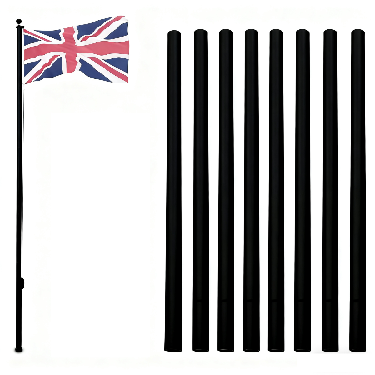 7.5m Aluminium Sectional Flagpole Kit with 2 UK Flags – Adjustable Telescopic Garden Pole, Black