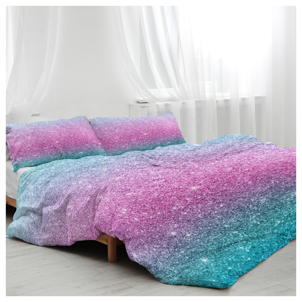 Rainbow Glitter Ombre Duvet Cover Set with 2 Pillow Shams – Unicorn Pastel Single Bedding