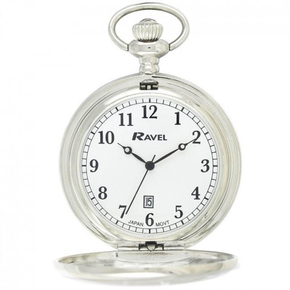 Ravel R1001.10 Chrome Full-Hunter Pocket Watch with Date Window and Chain – Quartz, Engravable