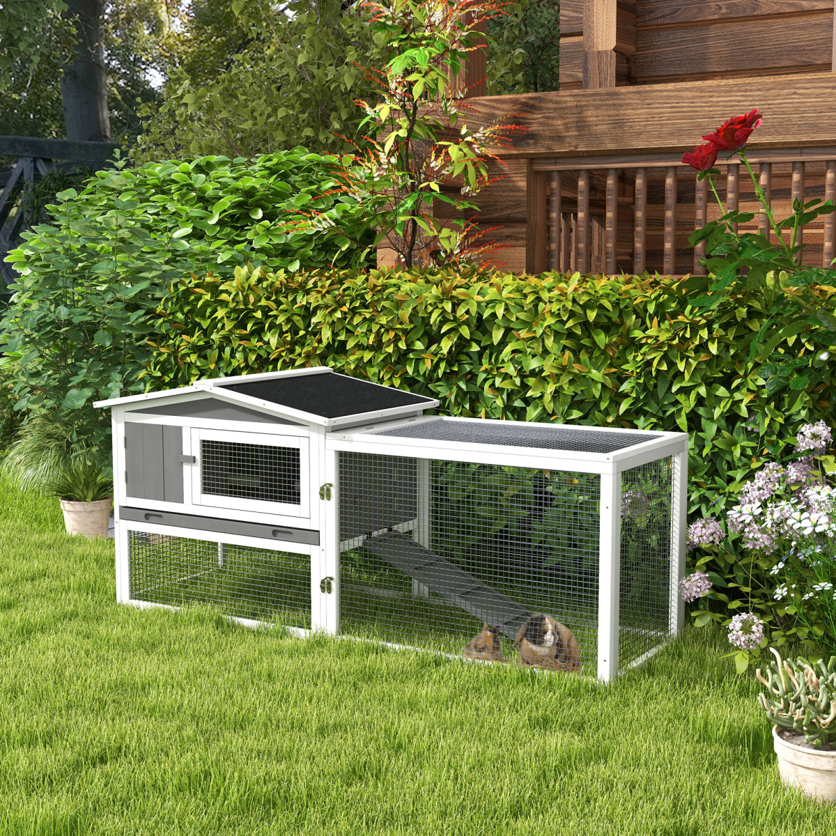 Wooden Rabbit Hutch with Detachable Run, Asphalt Roof & Tray – Outdoor Bunny Cage for 1–2 Rabbits, Light Grey