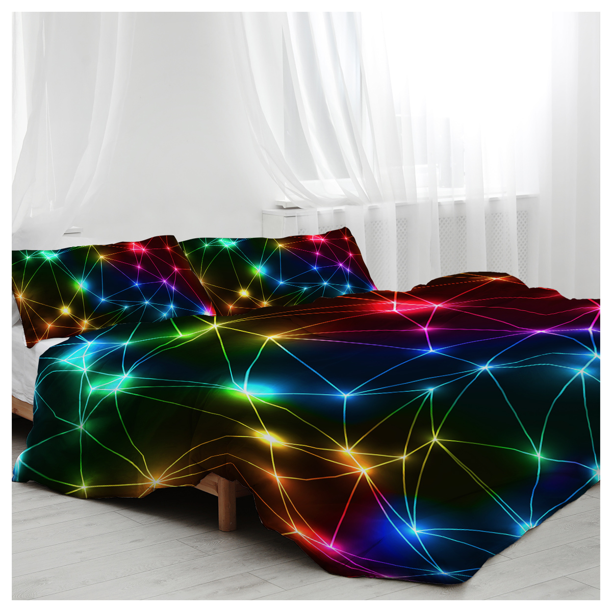 Retro Neon Triangle Duvet Cover Set with 2 Pillow Shams – Rainbow Laser Pattern Single Bedding