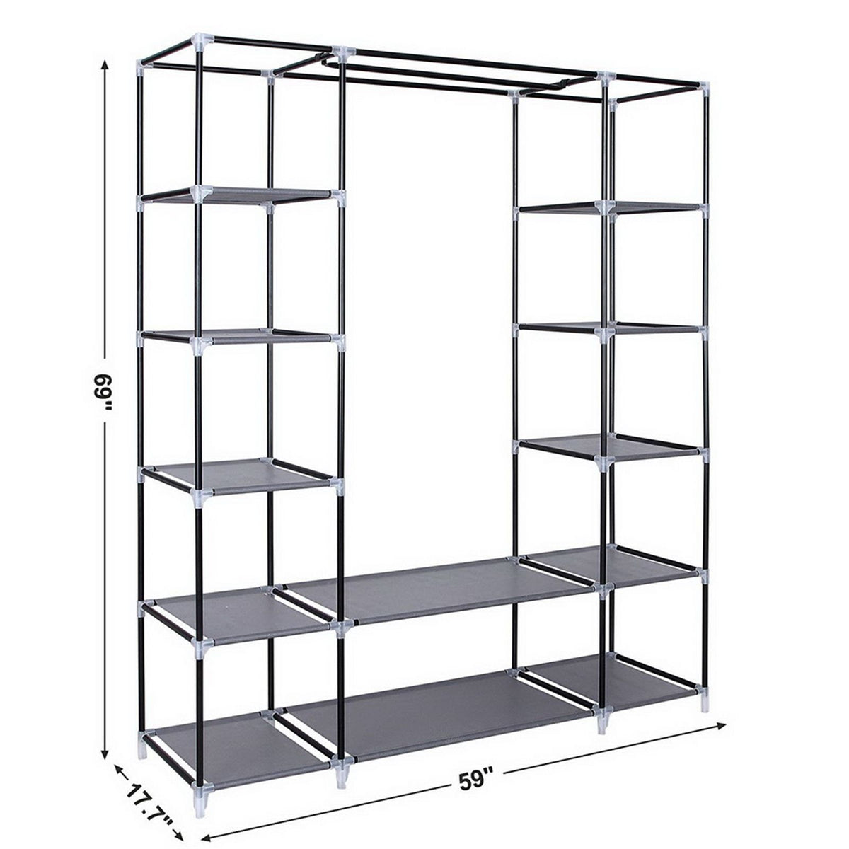 Portable Fabric Wardrobe with Hanging Rail, 12 Shelves & Dustproof Cover, 147 x 44 x 174cm, Grey
