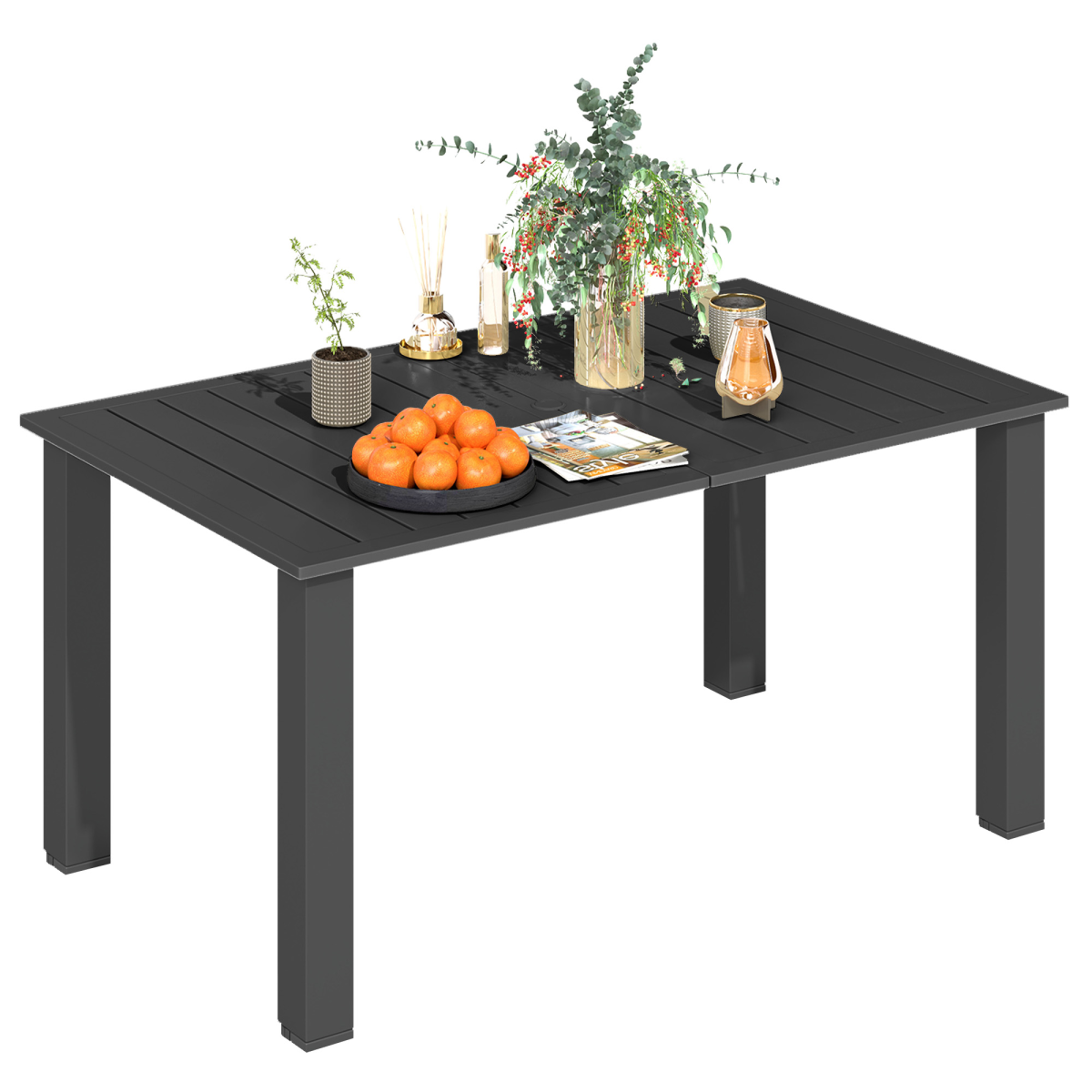 Outsunny Garden Dining Table for 6 with Parasol Hole, Slatted Steel Top, 150 x 90 cm – Outdoor Table, Black