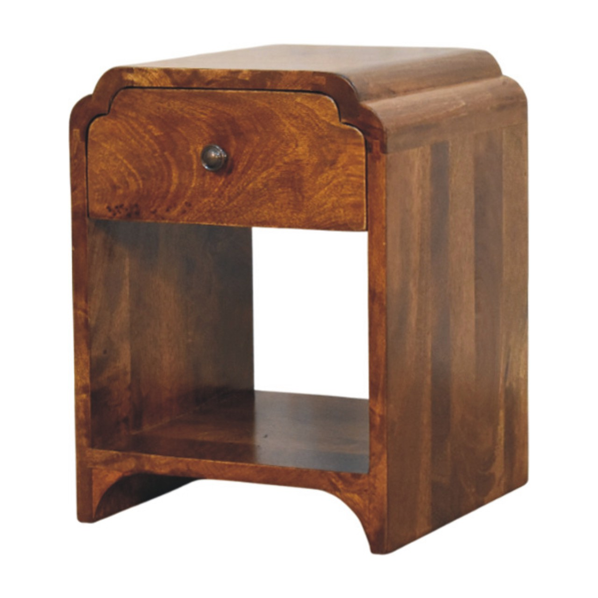 Artisan Furniture Solid Wood Newton Mini Chestnut Nightstand with Drawer & Open Shelf – Scalloped Bedside