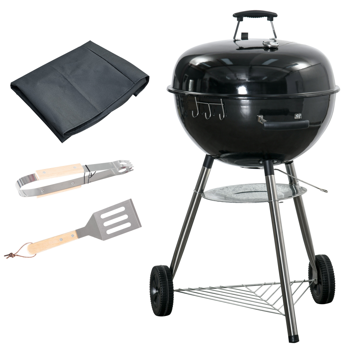 Outsunny Portable Kettle Charcoal BBQ Grill & Smoker with Lid, Thermometer, Wheels & Cover – Black