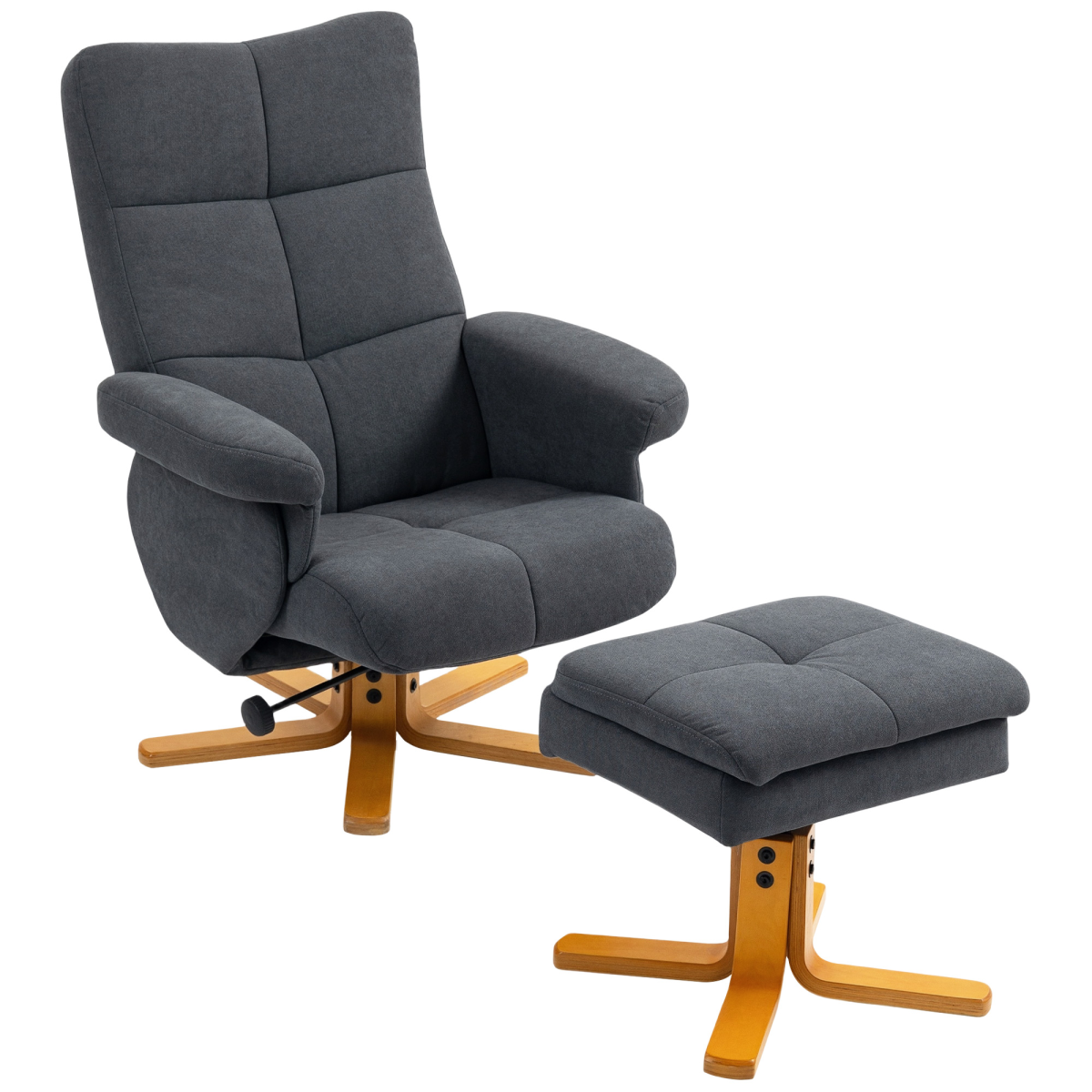 HOMCOM Linen-Look Recliner Chair with Footstool and Wooden Base – Scandi Style Relaxing Armchair, Grey