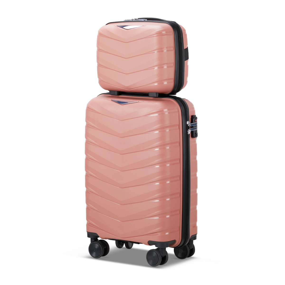 2-Piece Luggage Set with 20" Trolley Case and 14" Hand Case, V-Stripe PP Shell, Rose Gold