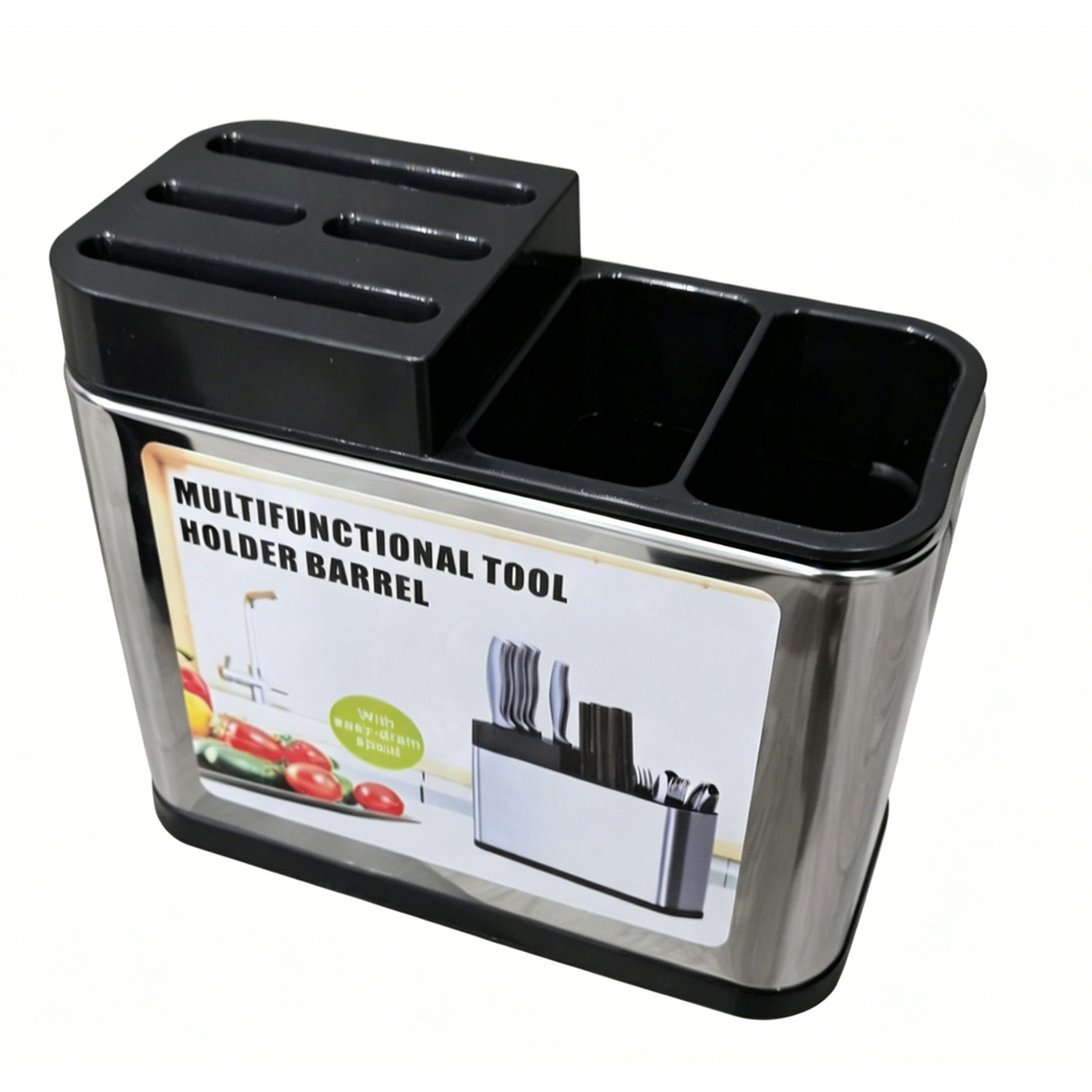 Stainless Steel Cutlery Holder with 3 Compartments – Free-Standing Knife Block and Utensil Organiser, Silver