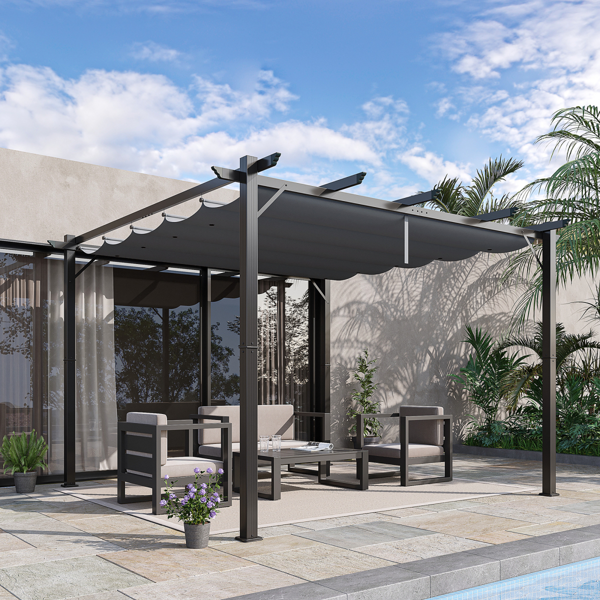 Aluminium Pergola Gazebo with Retractable Sliding Canopy – Adjustable Garden & Patio Shade, Grey