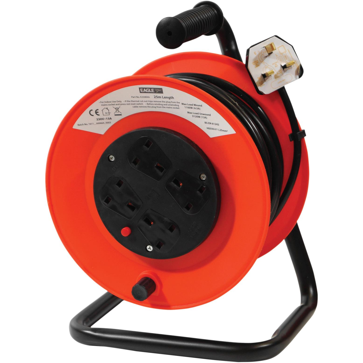 Eagle 4 Socket 25 Metre Extension Reel with Stand, Carry Handle & Overheat Protection – Black/Red