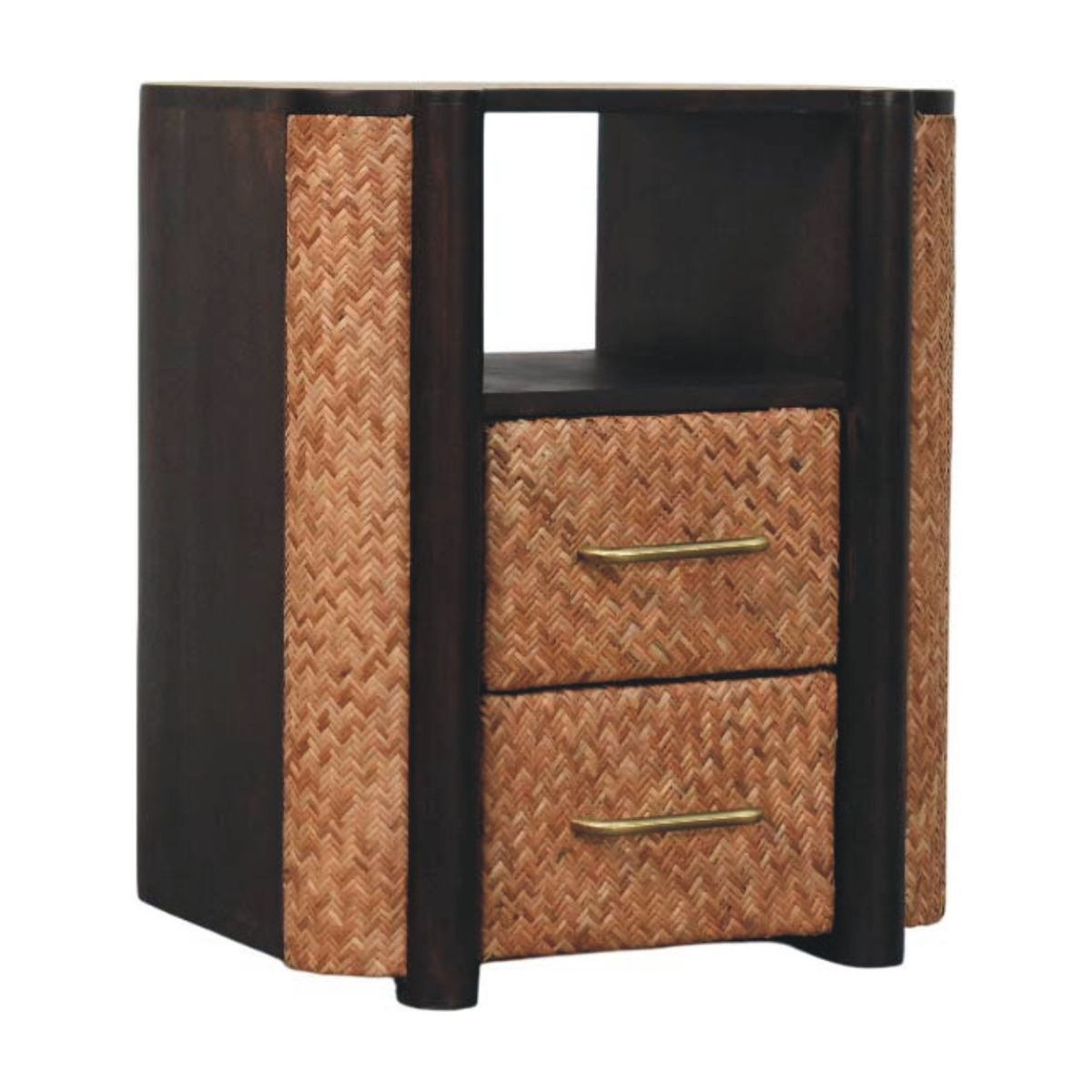 Artisan Furniture Solid Wood Rattan Curve Edge Nightstand with 2 Drawers and Shelf – Bedroom, Dark Brown