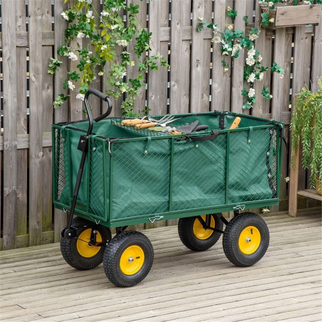 Garden Cart with Drop-Down Sides, 342L Removable Liner & Pneumatic Tyres – 350kg Steel Mesh Trolley, Dark Green