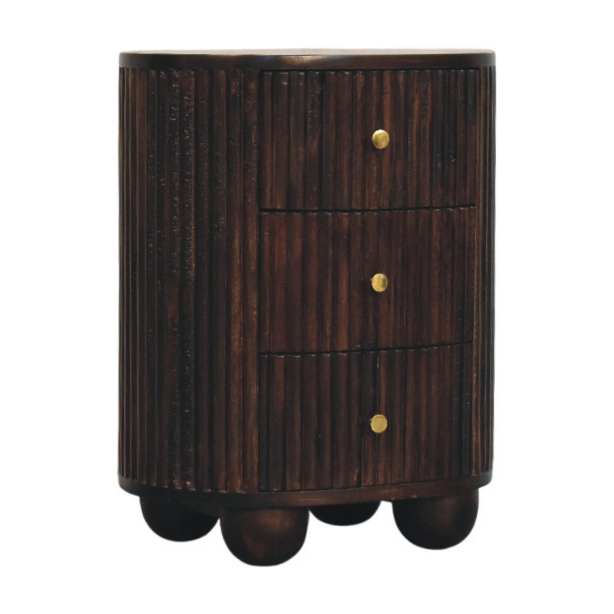Artisan Furniture Solid Mango Wood Curved Fluted Bedside Table with 3 Drawers and Brass Knobs – Dark Brown