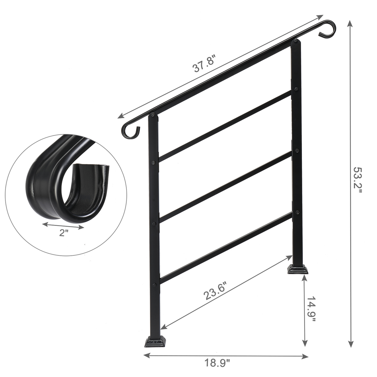 Wrought Iron Handrail for Outdoor Steps – Fits 1 to 3 Steps, Powder-Coated with Installation Kit, Black