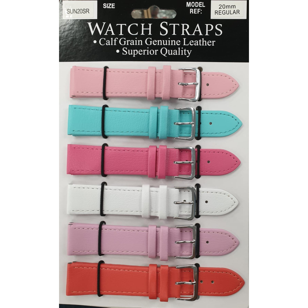 Mixed Colour Calf Leather Watch Straps with Silver Buckles, Regular Length – Card of 6