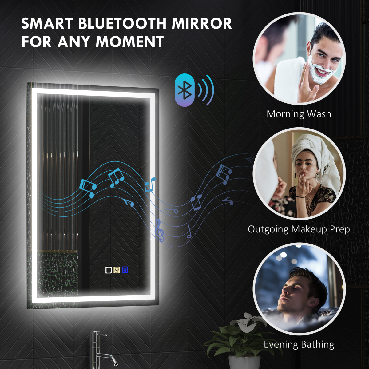 LED Bathroom Mirror 70 x 50cm with Bluetooth Speaker, Front & Back Lighting and Demister – Silver