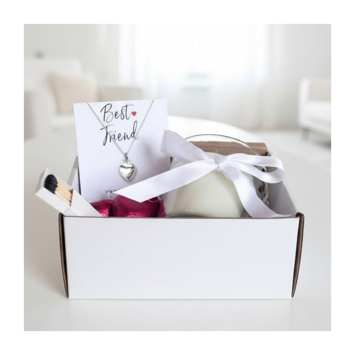 Aye Do Gifts Small Best Friend Gift Hamper – Silver Heart Necklace, Vanilla Candle & Milk Chocolates