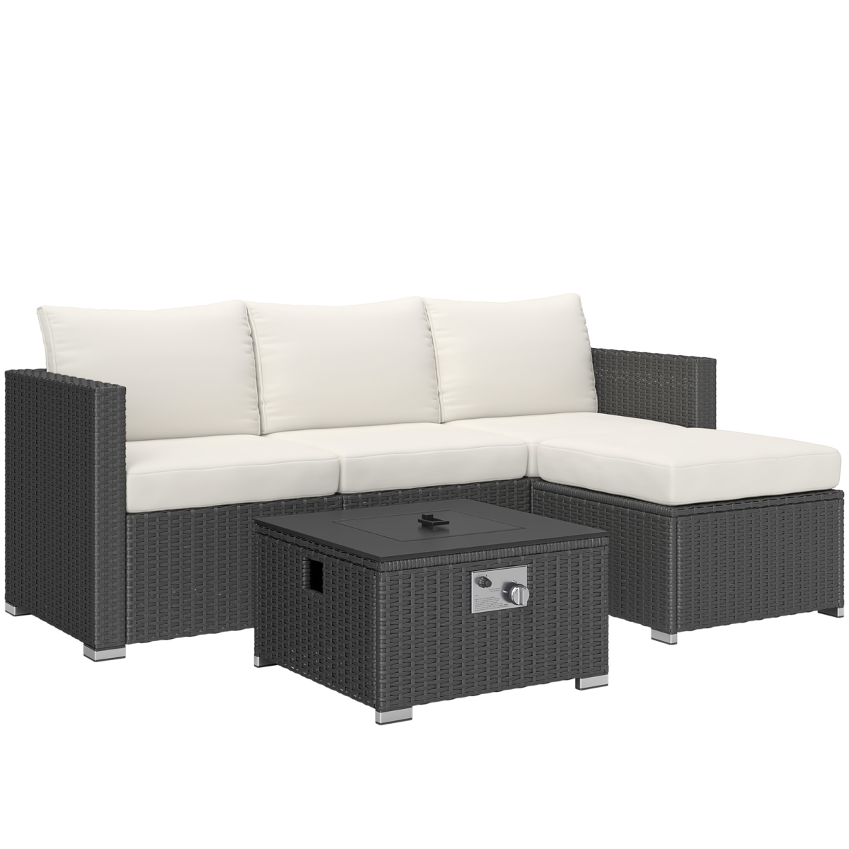 Outsunny 4 Seater Rattan Sofa Set with Fire Pit Table, Footstool and Thick Cushions – Garden Lounge, Black and Cream
