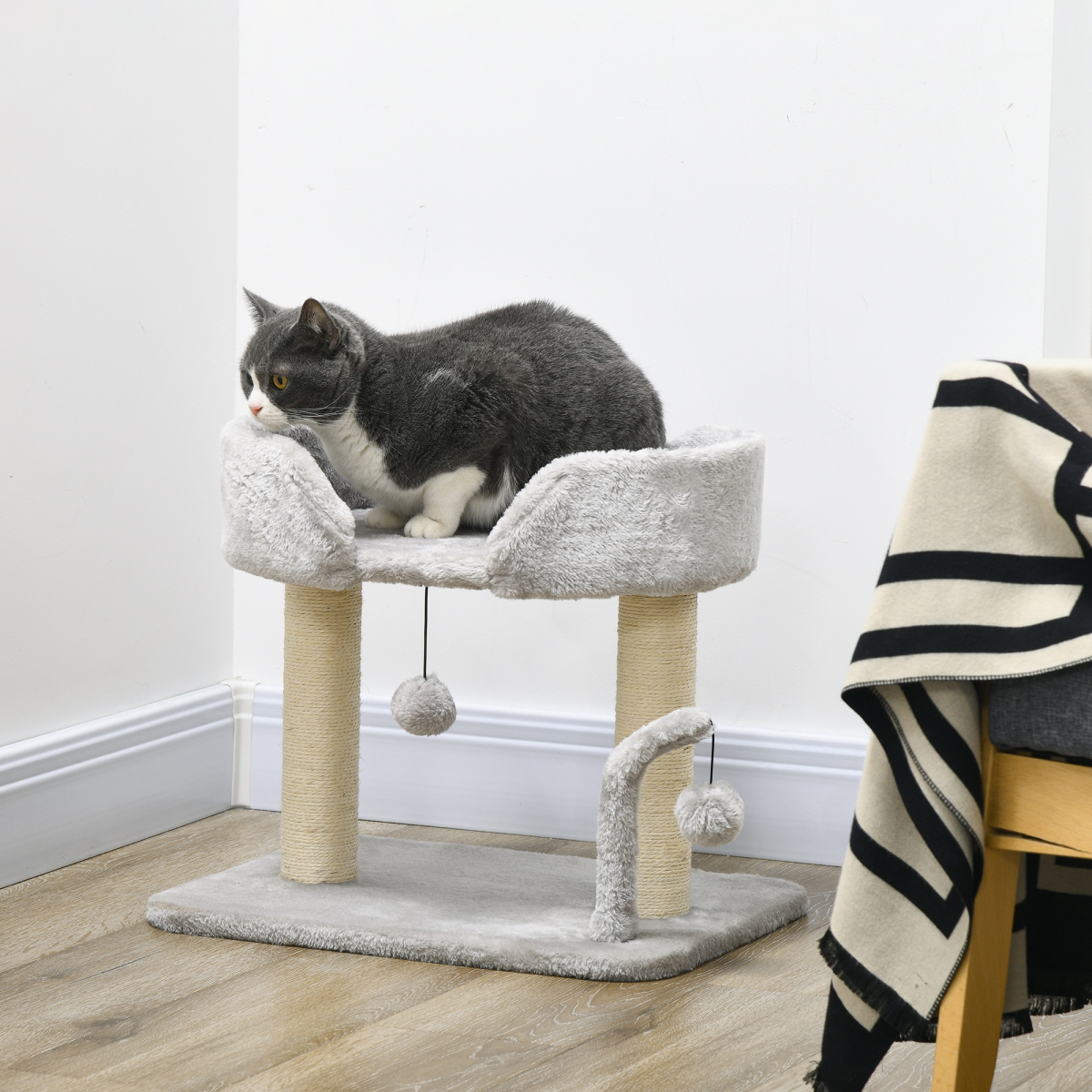 Plush Cat Tree with Sisal Scratching Post, Top Perch & Hanging Toy Balls – Compact Cat Tower, Light Grey