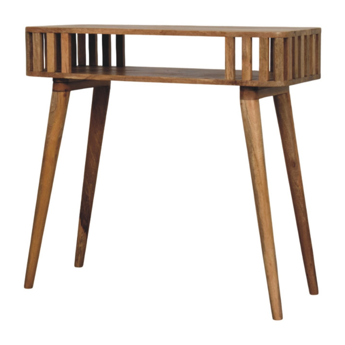 Artisan Furniture Slatted Solid Mango Wood Console Table with Open Shelf & Tapered Legs – Oak-ish Finish, Beige