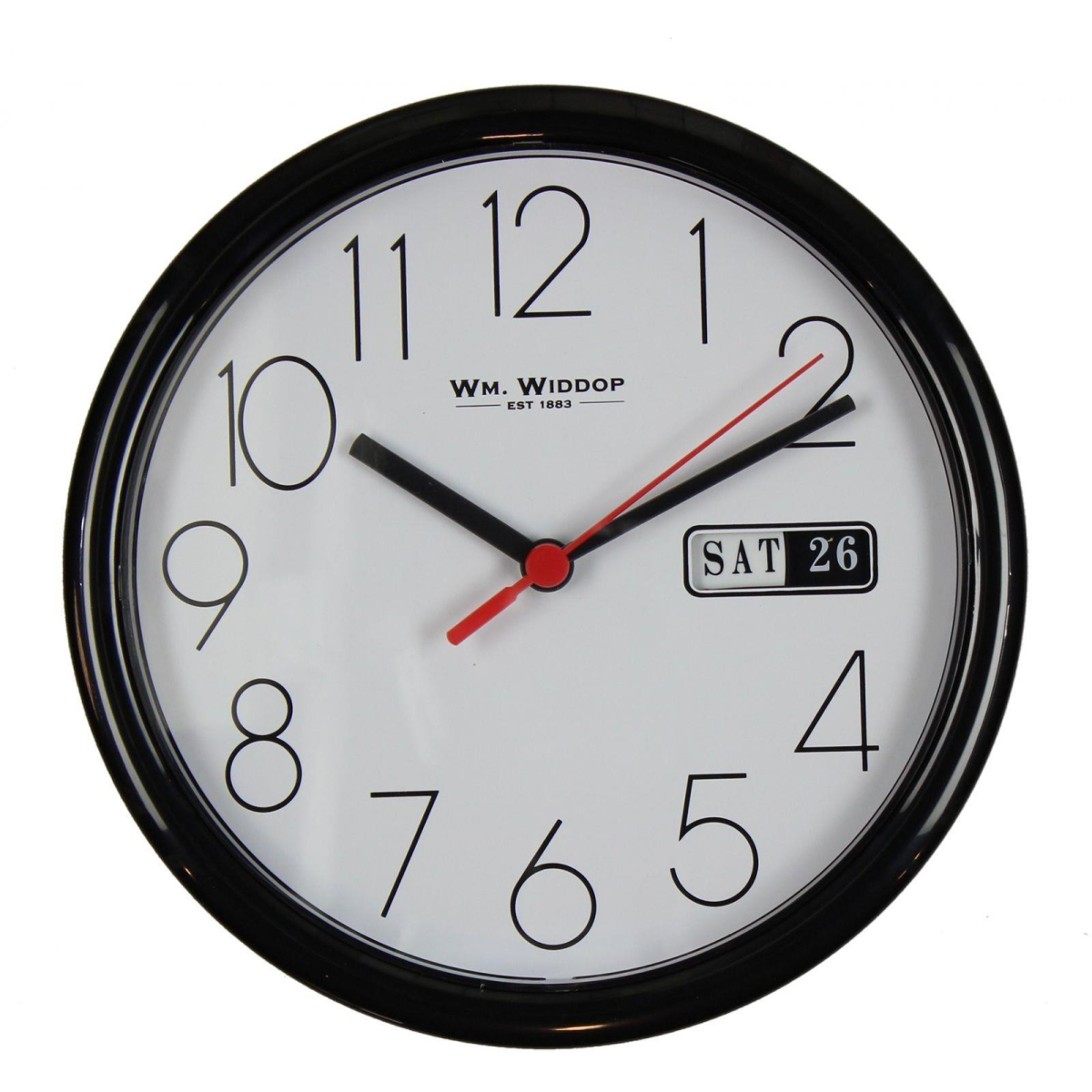 Widdop Day/Date Wall Clock 5177B, 8.5 Inch Round with Black Case and White Dial
