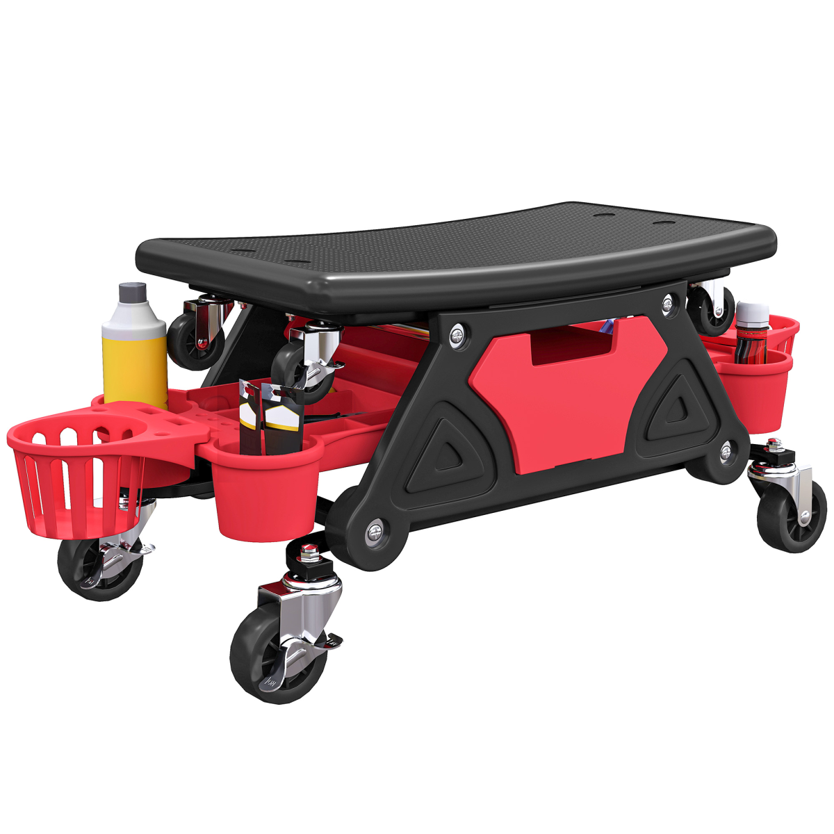 HOMCOM Rolling Mechanic Stool with Detachable Seat & Tool Trays, 135kg Capacity – Workshop Seat, Red
