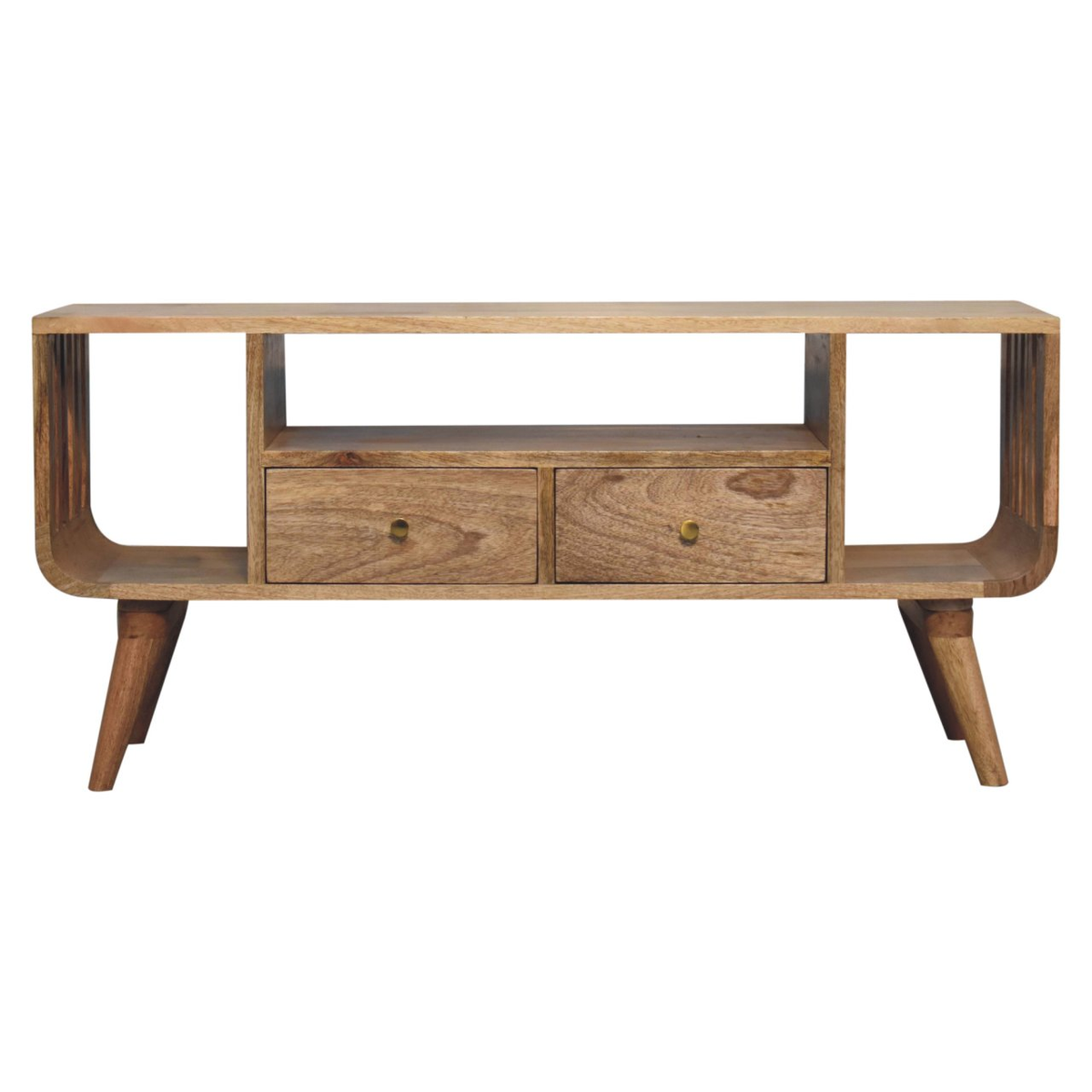 Artisan Furniture Solid Mango Wood Soba Nordic Media Unit, 2 Drawers & T-Bar Handles – TV Storage, Beige