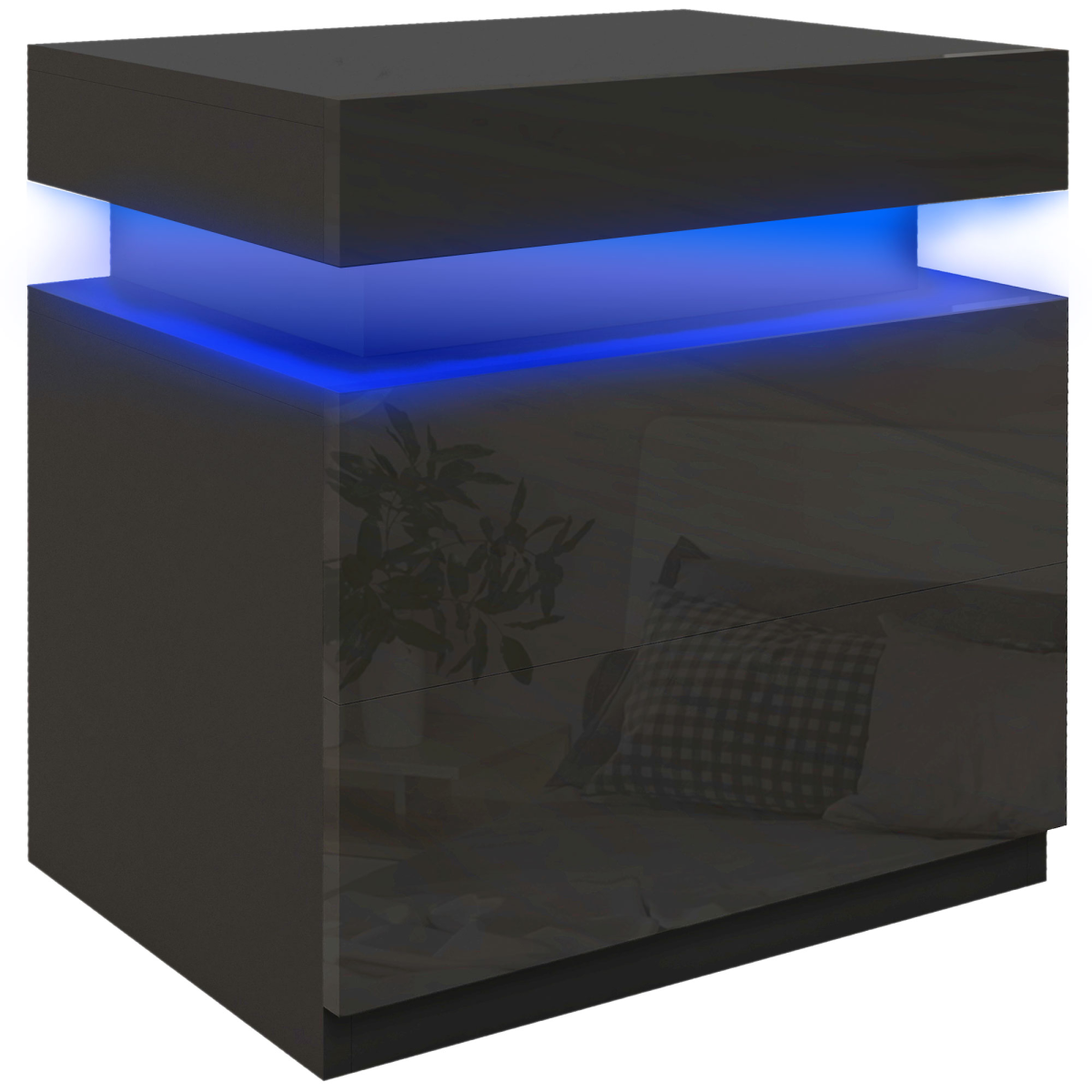HOMCOM High Gloss Bedside Table with LED Light and 2 Drawers – Remote-Controlled Side Table, Black