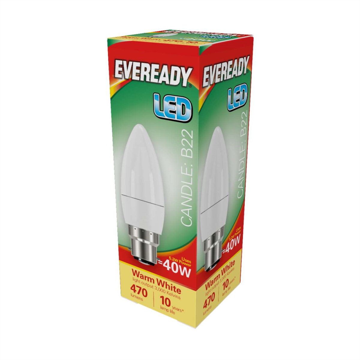 Eveready 4.9W B22 LED Candle Bulbs, 470lm 40W Equivalent – Warm White 3,000K, Pack of 5