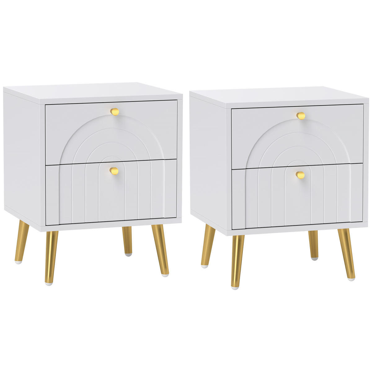 HOMCOM Set of 2 Bedside Tables with 2 Drawers – Arched Embossed Design with Gold Tone Pulls, White