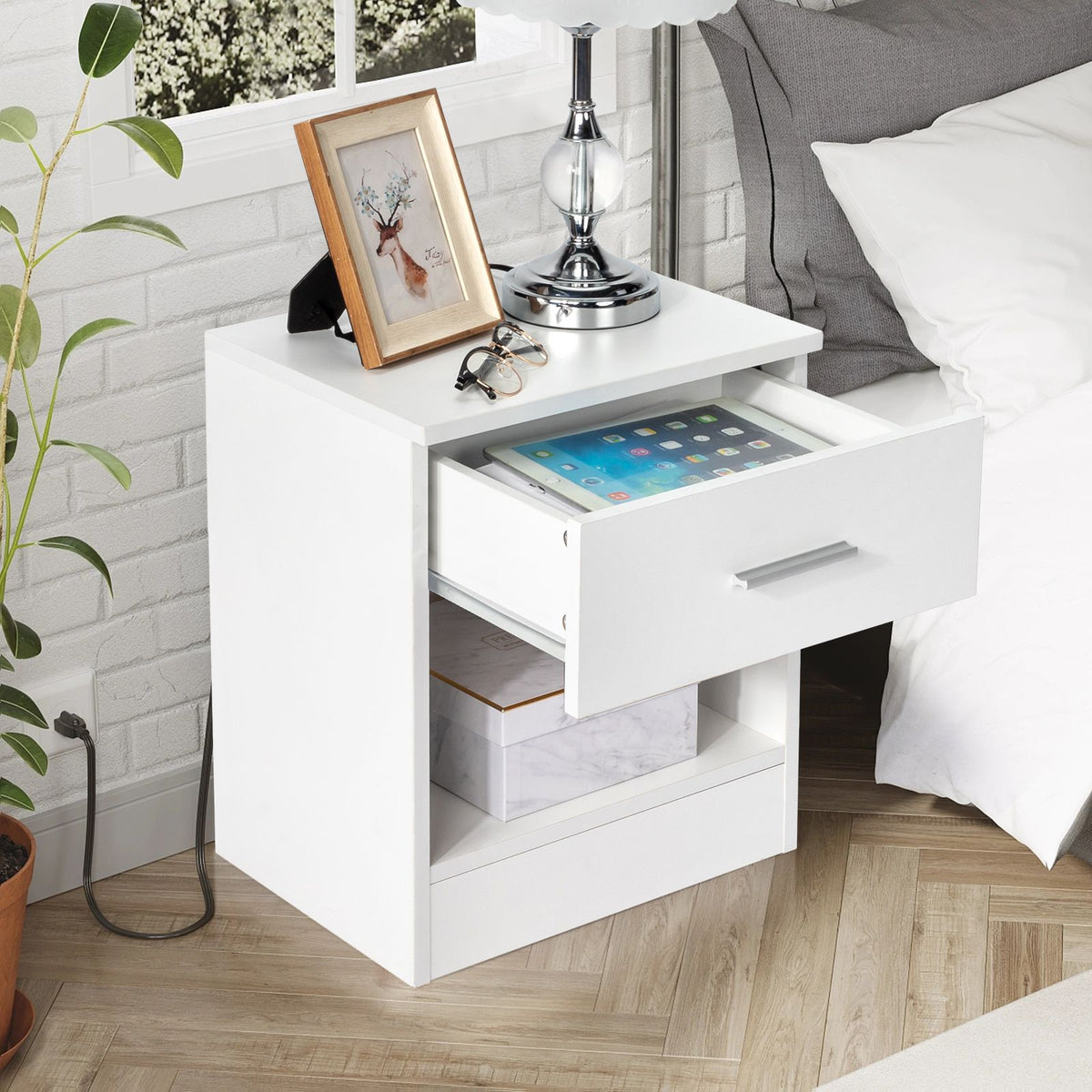 2-Tier Bedside Table with Drawer and Open Shelf – Modern Nightstand, White