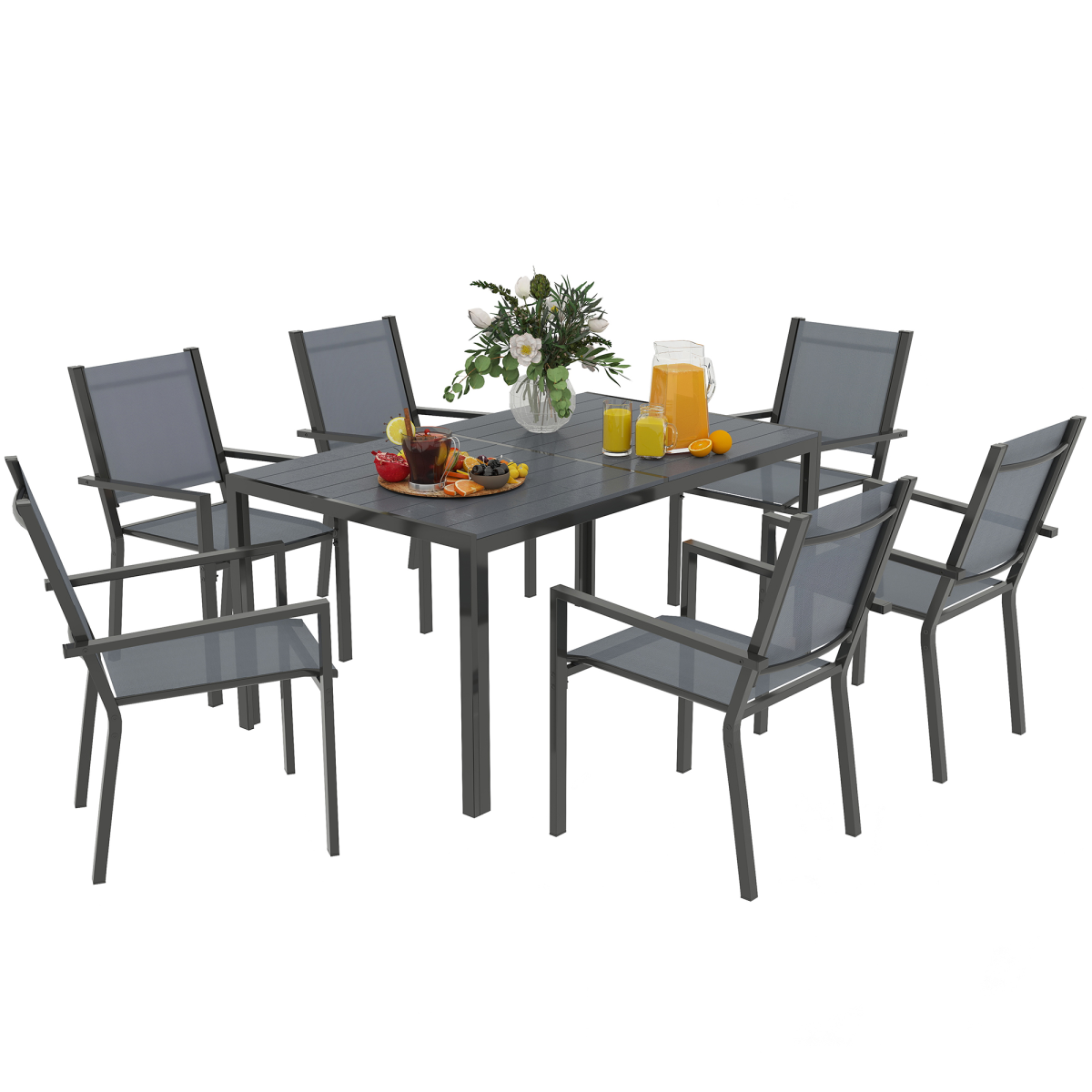 Outsunny 7 Piece Garden Dining Set with 150cm Table and 6 Stackable Chairs – Outdoor Balcony Furniture, Grey