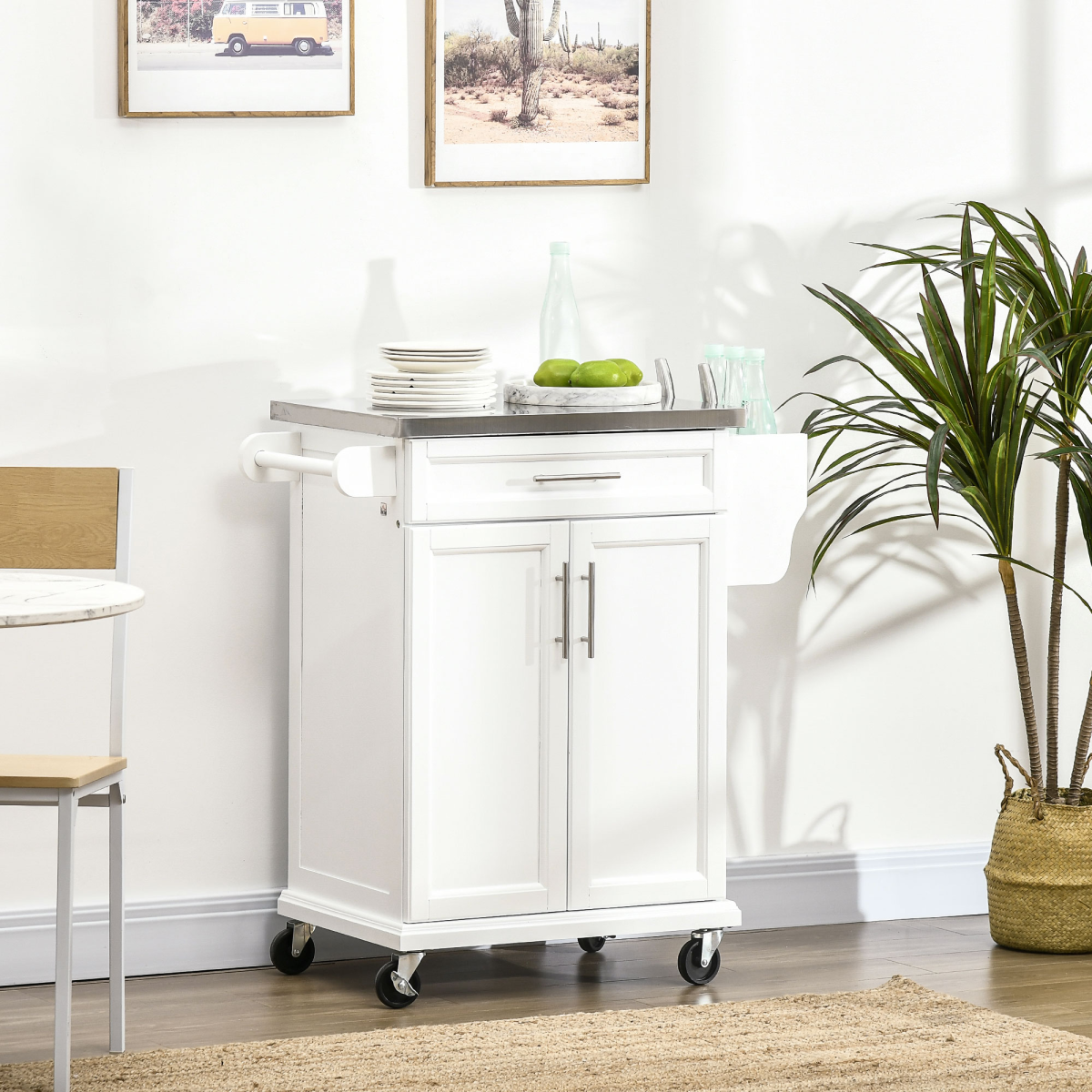 Kitchen Storage Cabinet with Stainless Steel Worktop, Cupboard & Drawer – Pine and Engineered Wood