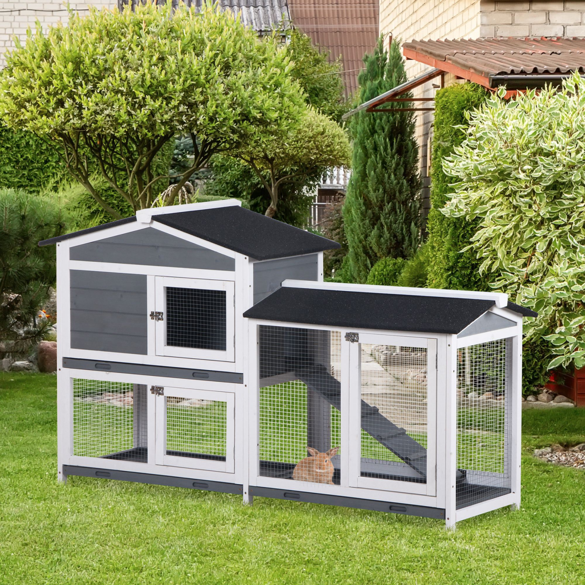 Wooden Rabbit Hutch and Run with Elevated House, Ramp, Asphalt Roof and Slide-Out Trays – 157 x 53 x 93cm