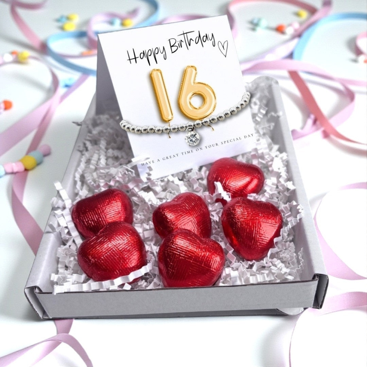 Aye Do Gifts 16th Birthday Cubic Zirconia Bracelet & Gold Balloons Mini Hamper with Milk Chocolate Hearts
