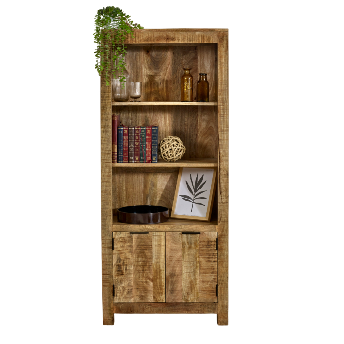 Surrey Solid Mango Wood Bookcase with 2 Doors & 3 Shelves – Living Room & Study Storage