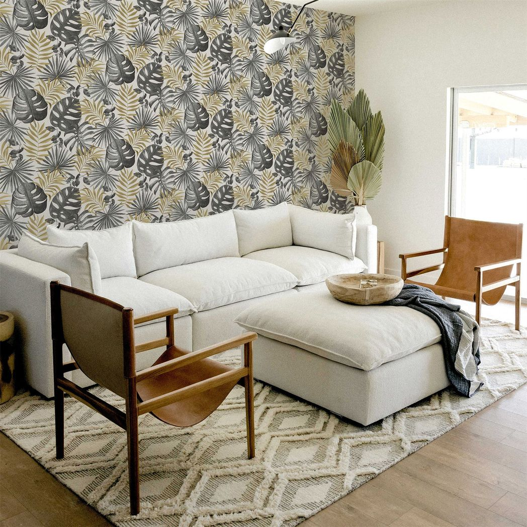 Arthouse Jungle Wall Vinyl Wallpaper with Palm Print & Gold Highlights – Paste the Paper, Black and Gold