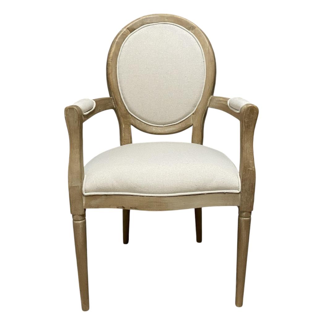 Louis Style 94cm High Back Linen Armchair with Oak Frame – Dining or Accent Chair, Cream